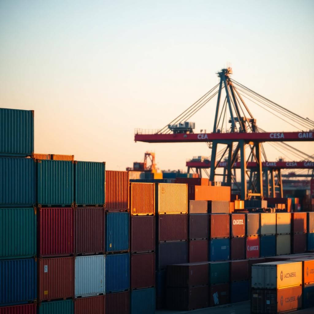 Stacked shipping containers at a European port at golden hour